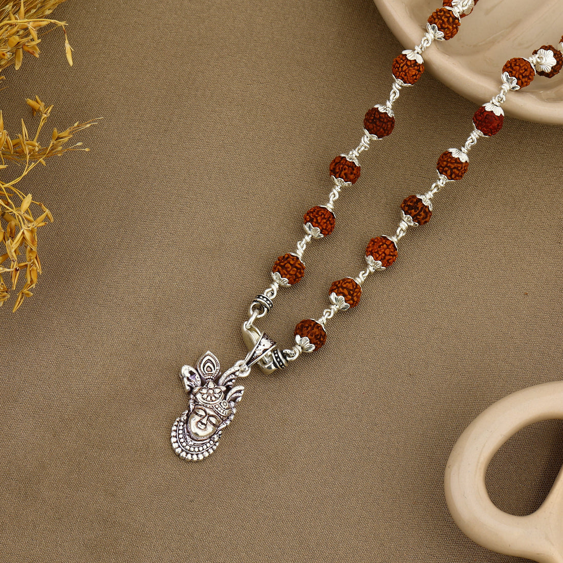 Shrinathji Face Silver Pendant with Rudraksha Beads