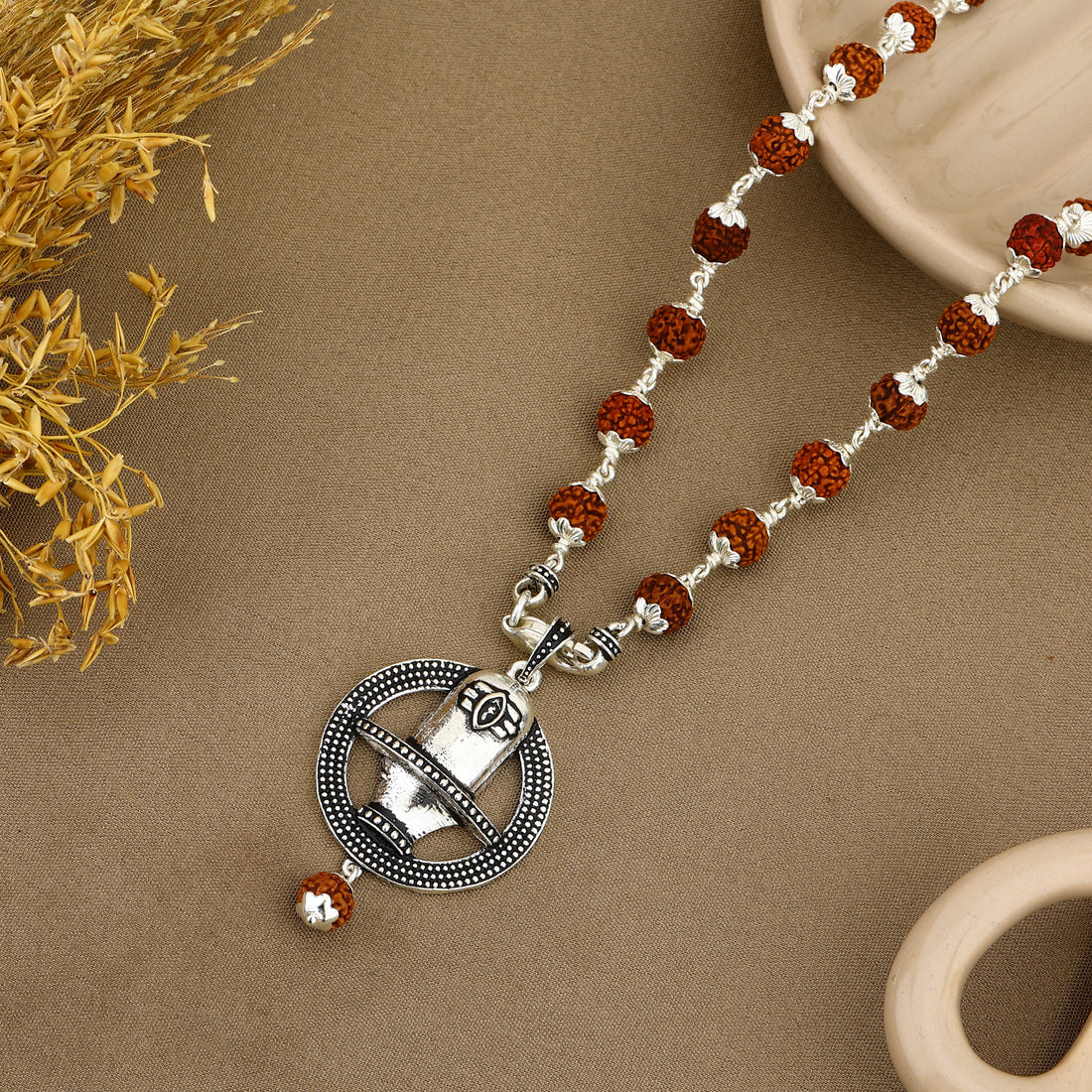 Sacred Orbit Shivling Rudraksha Silver Pendant with Rudraksha beads