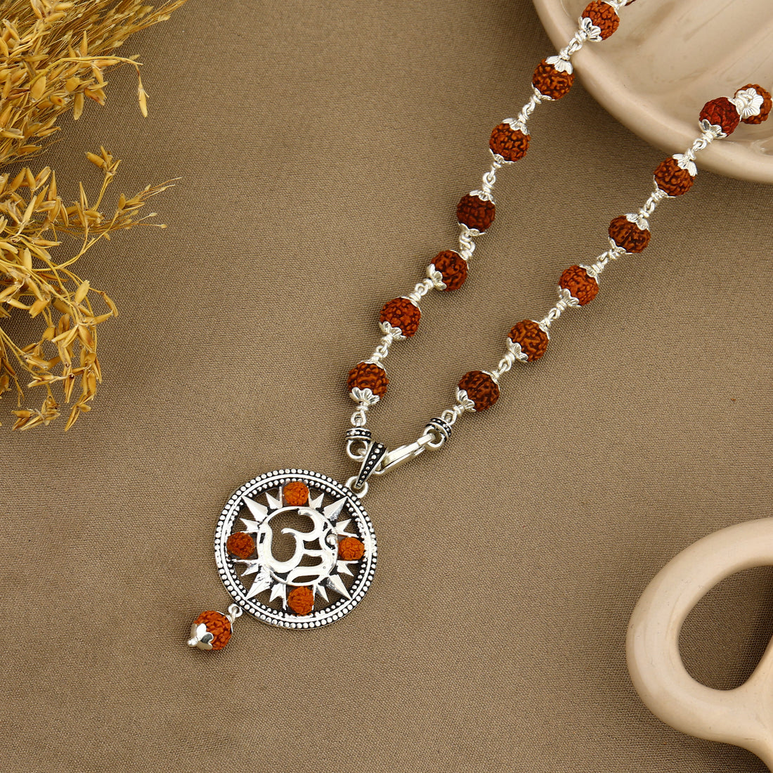 Spiritual Om Rudraksha Silver Pendant with Rudraksha beads