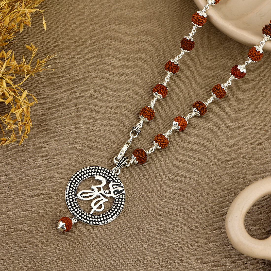 Om Trishul Rudraksha Silver Pendant with Rudraksha beads