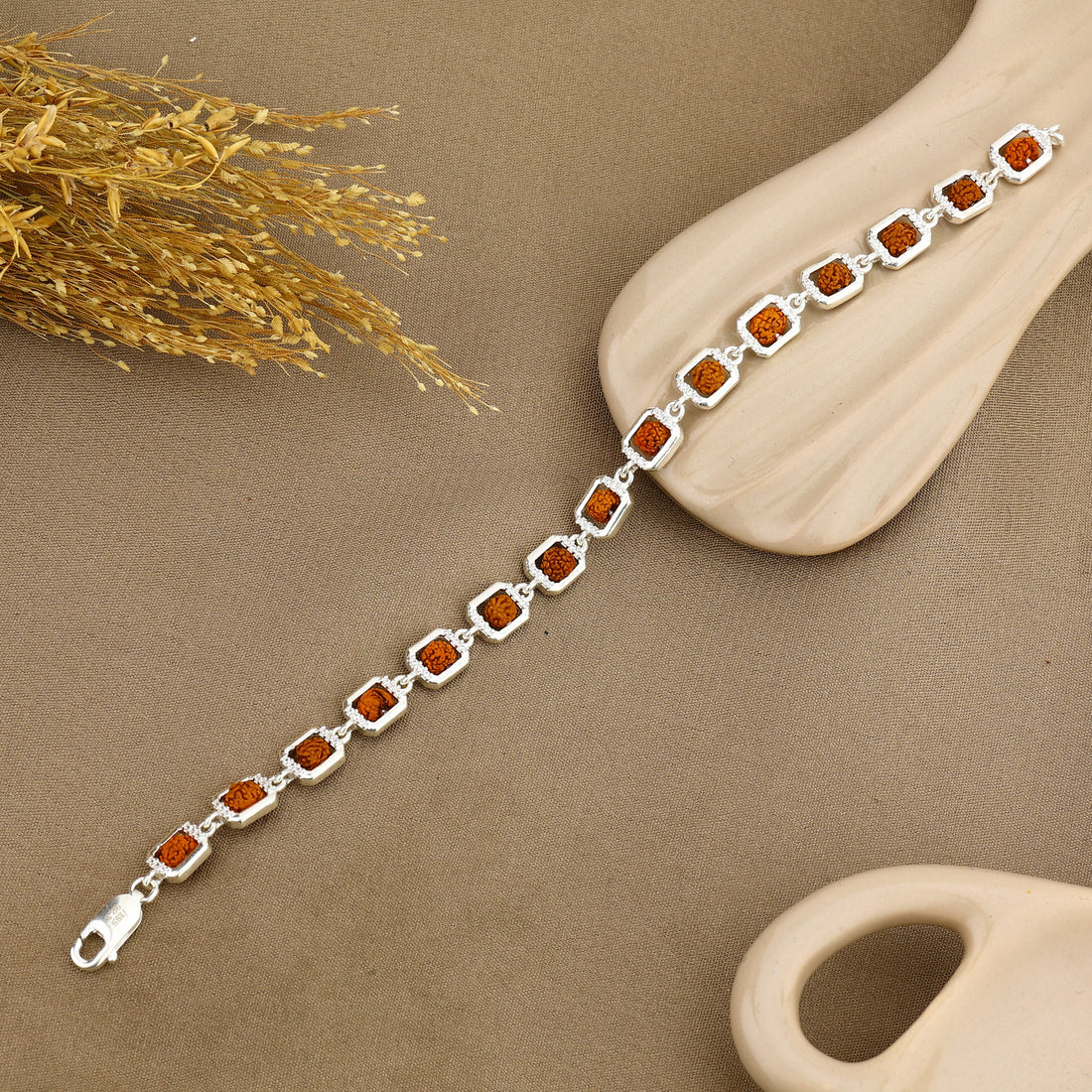 Authentic Rudraksha Silver Edged Square Link Bracelet