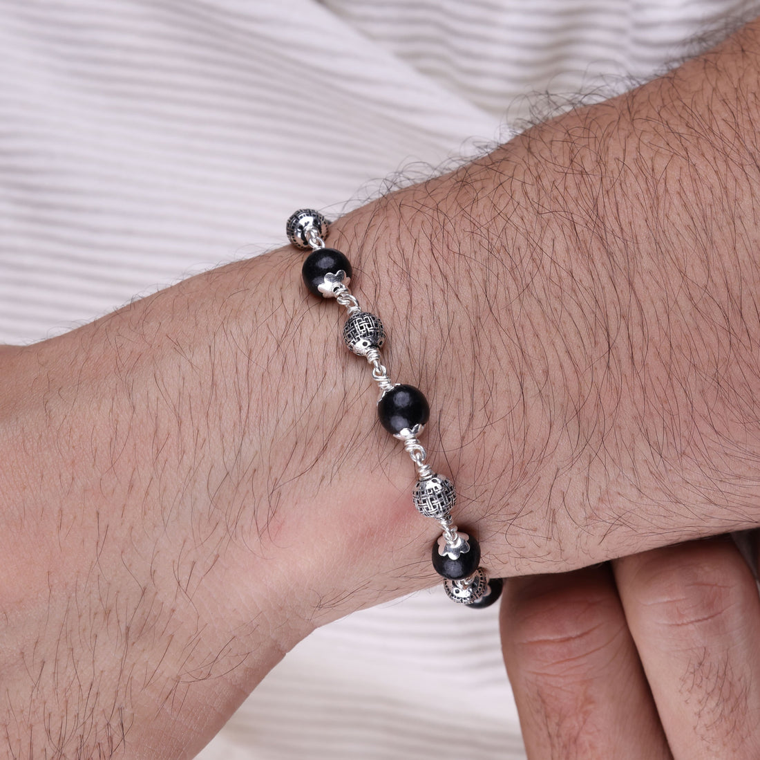Original Karungali with Heavy Bead Silver Bracelet