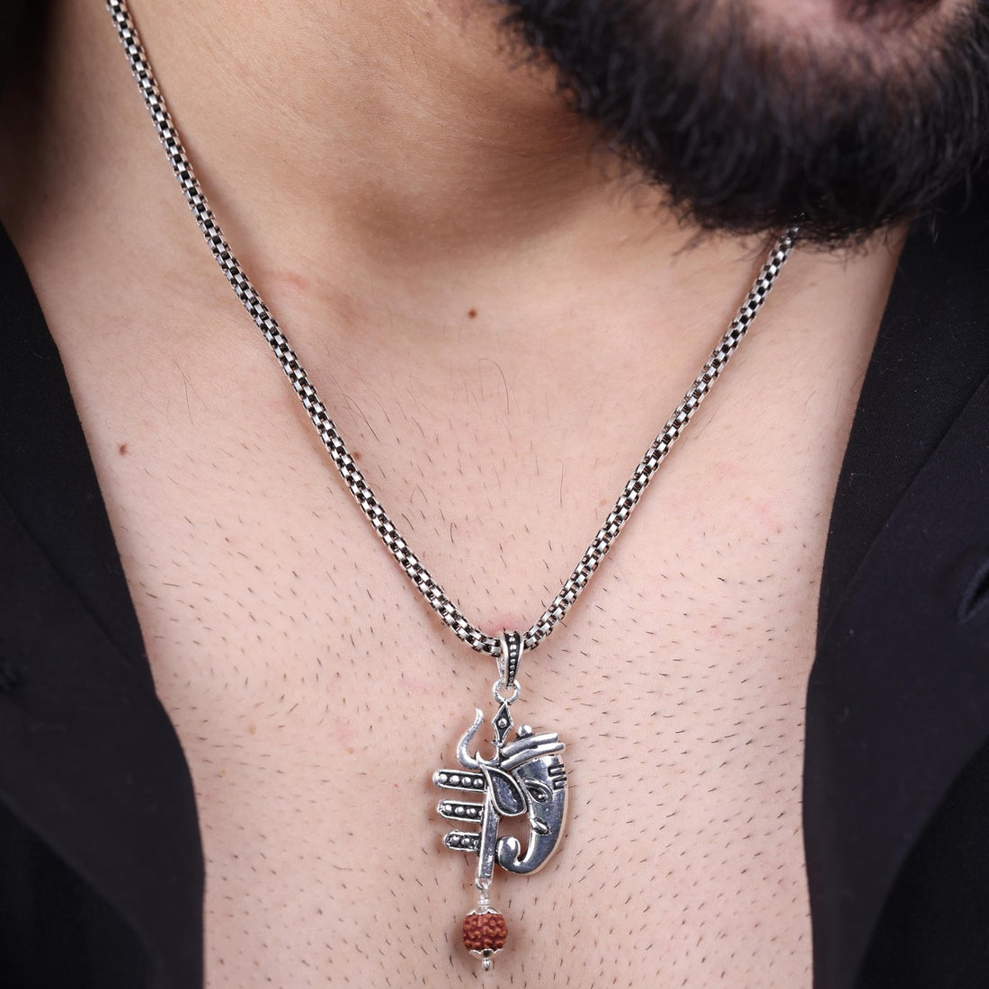 Authentic Mahadev Trishul With Ganesha Silver Pendant