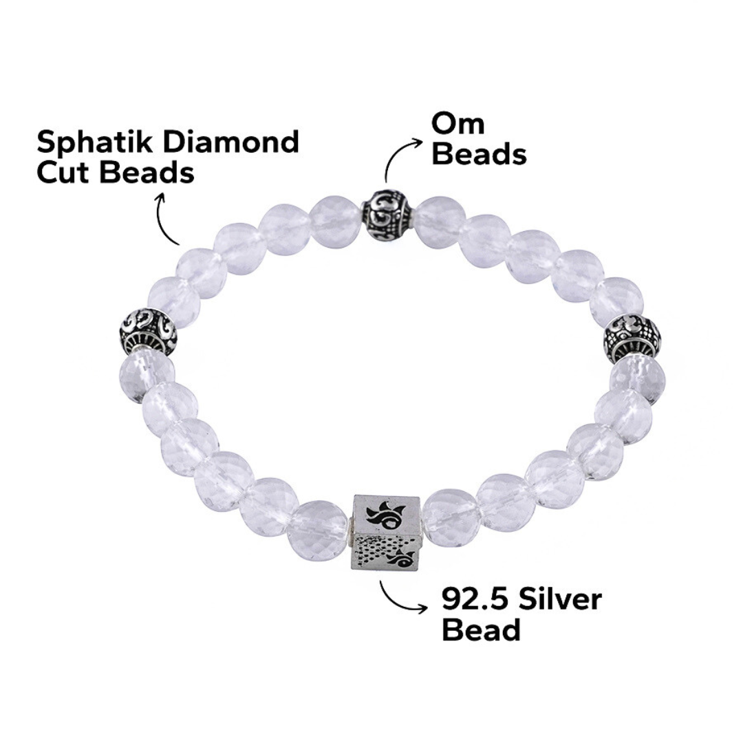 Sphatik Diamond Cut Beads with Om Silver Beads Bracelet