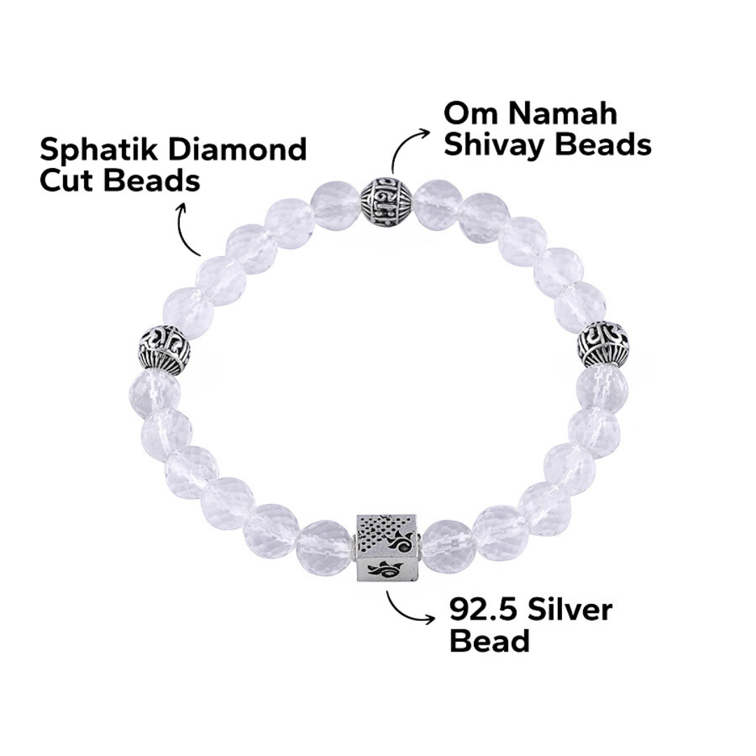 Sphatik Diamond Cut Beads with Om Namah Shivay Silver Beads Bracelet