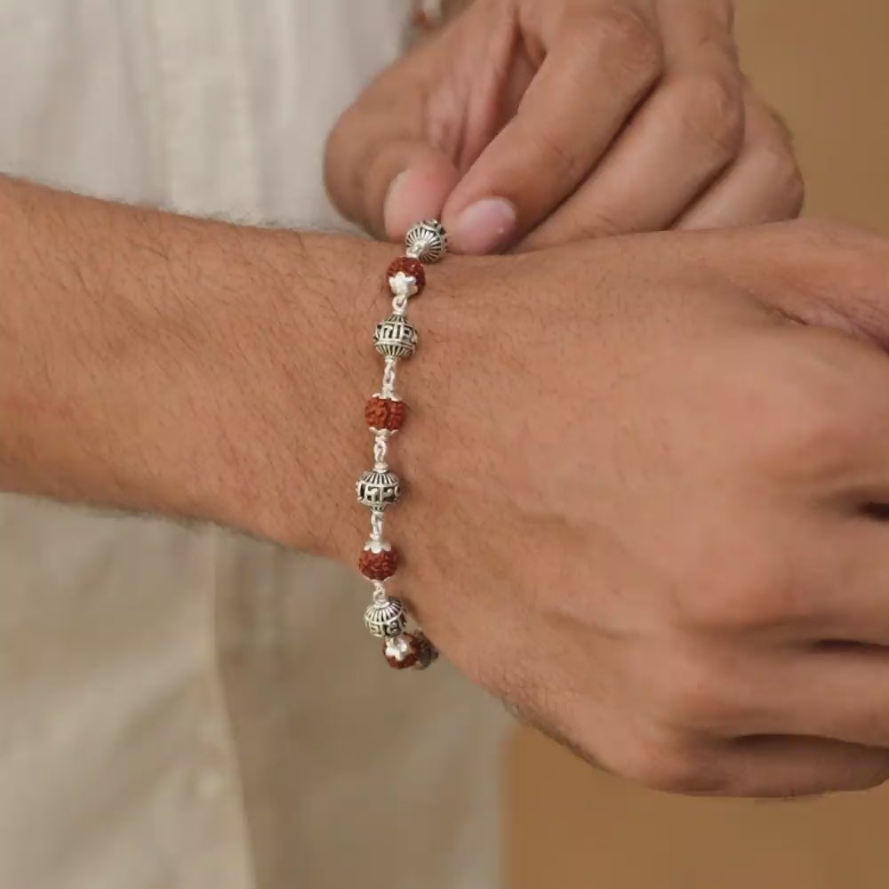 Rudraksha and Om namah shivay silver beads bracelet