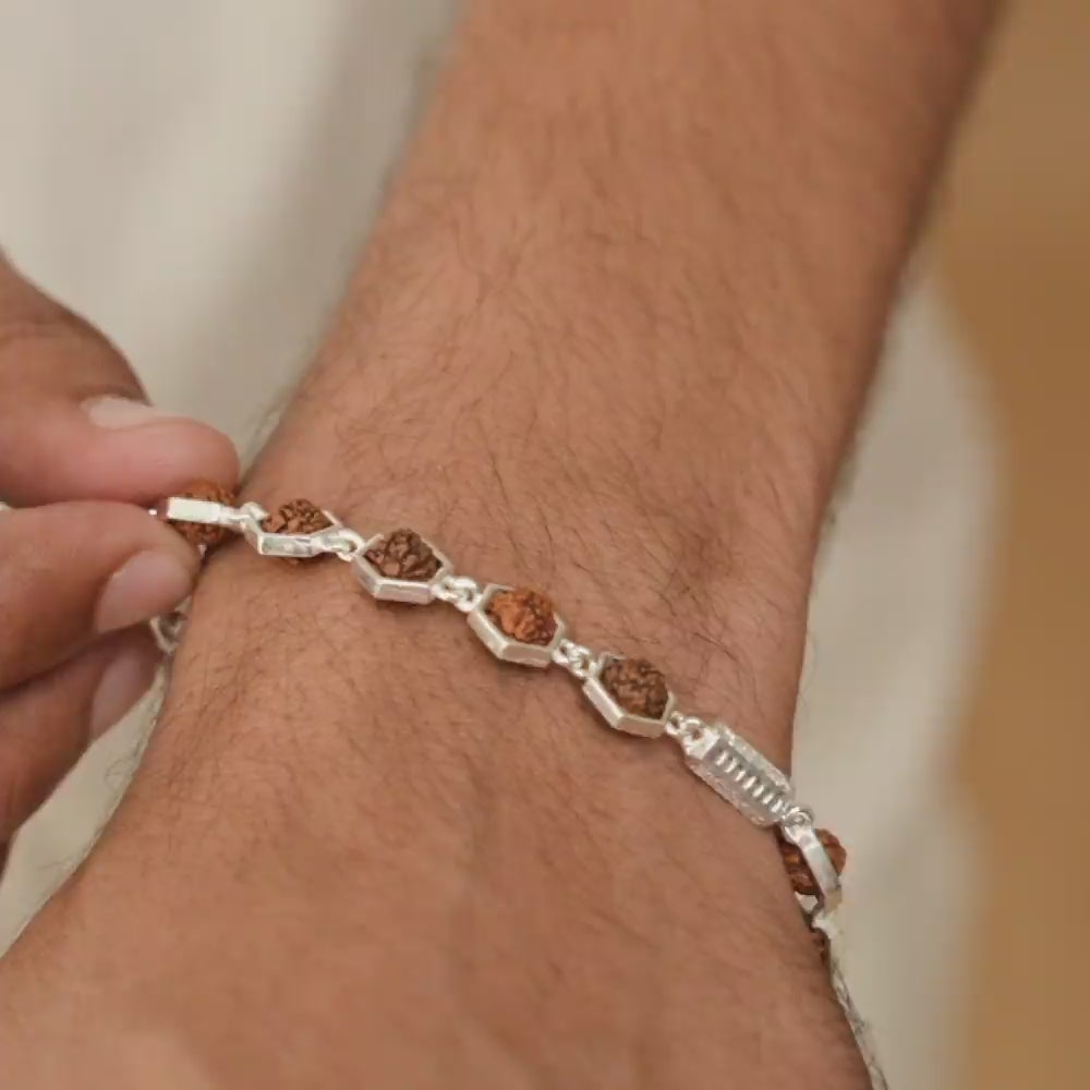 Rudraksha Silver Hexagon Ring Beads Bracelet