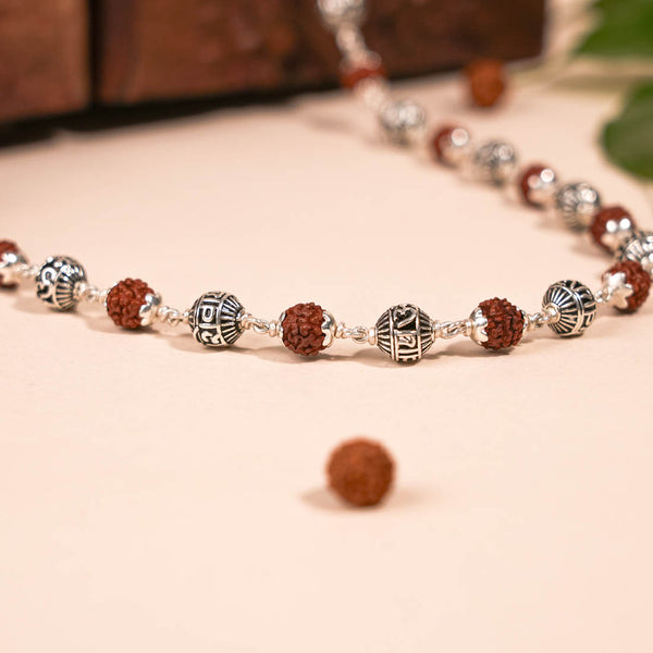 Rudraksha and Om Namah Shivay silver beads mala