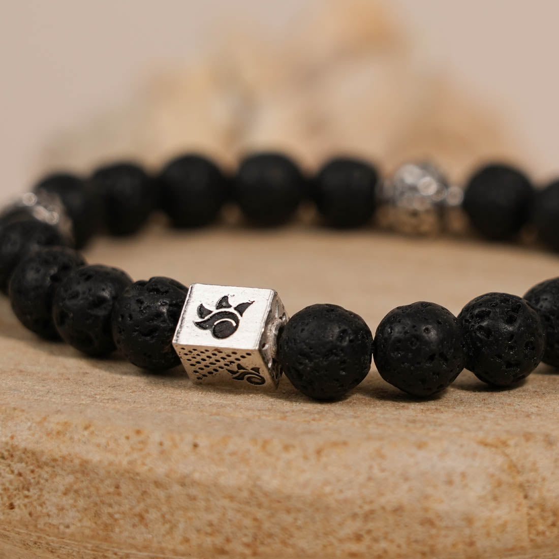 Lava Stone and Om Silver Beads Bracelet