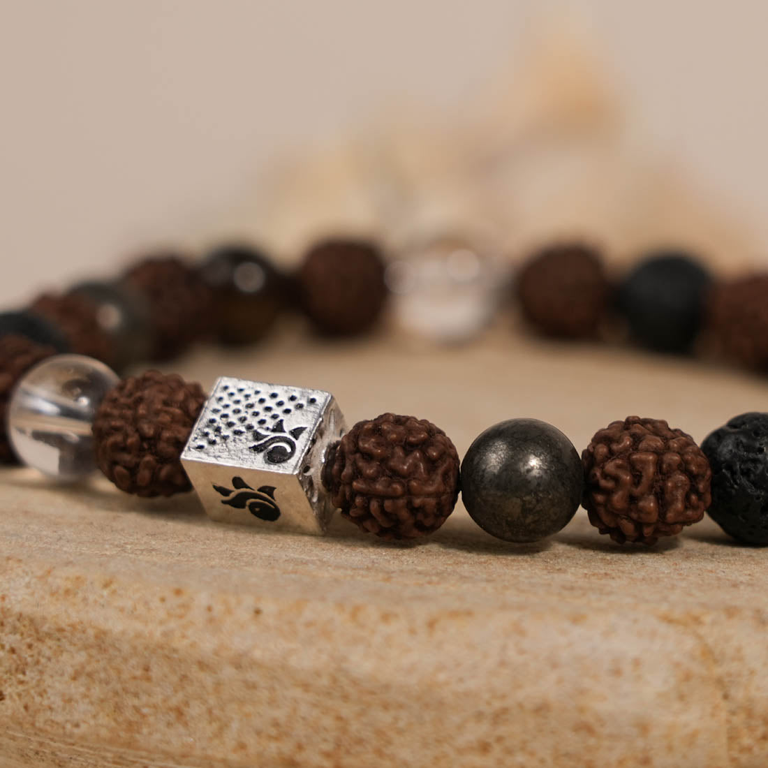 Rudraksha with Lava, Pyrite & Spatik Beads Bracelet