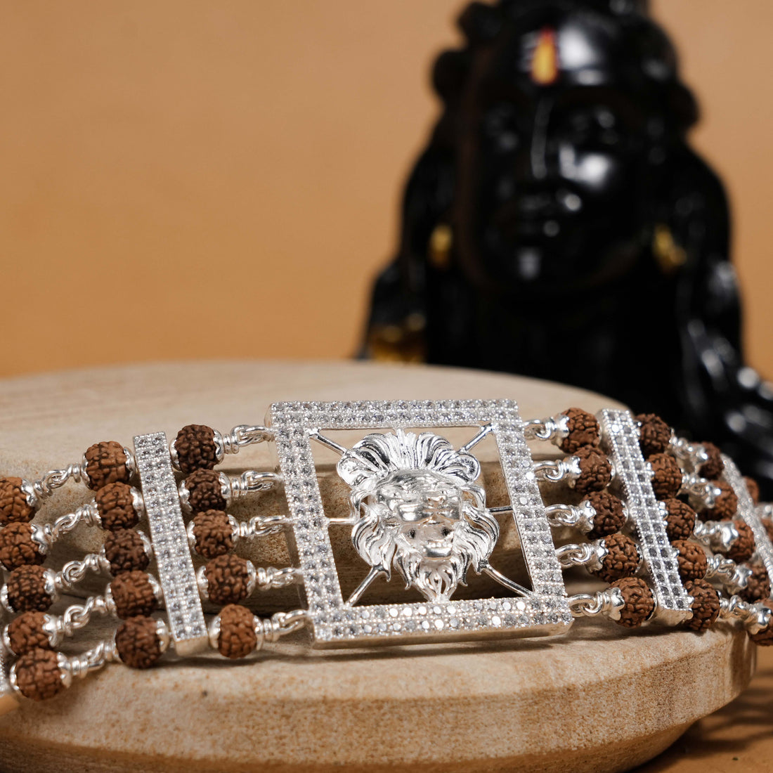 Rudraksha Silver Roaring Lion Five Lines Bracelet