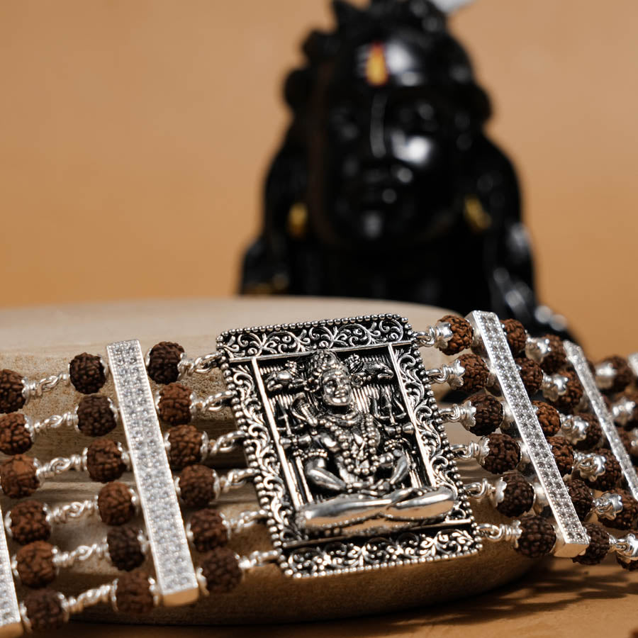 Rudraksha Silver Shiva Brooch Six Lines Bracelet