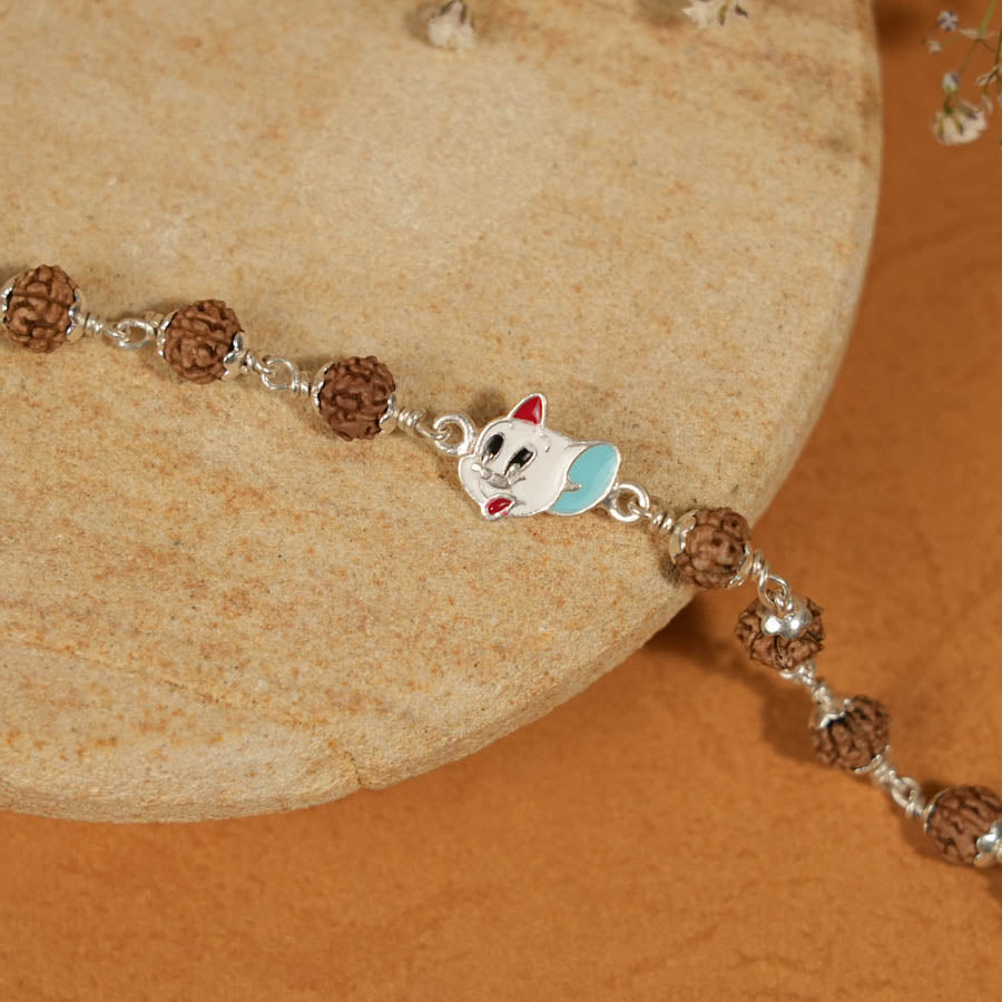 Rudraksha Silver Bracelet Tom Cat Single Line for Kids