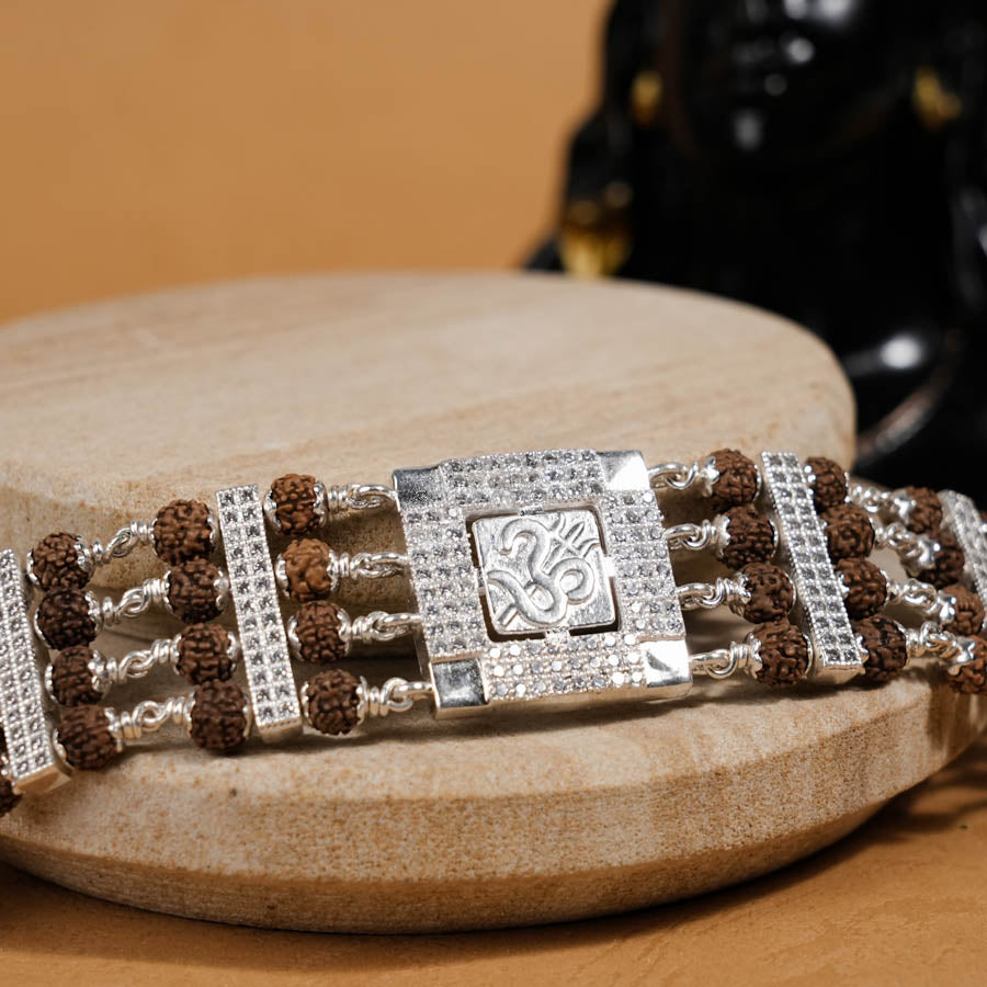 Rudraksha Silver Trishul With Om Four Line Bracelet