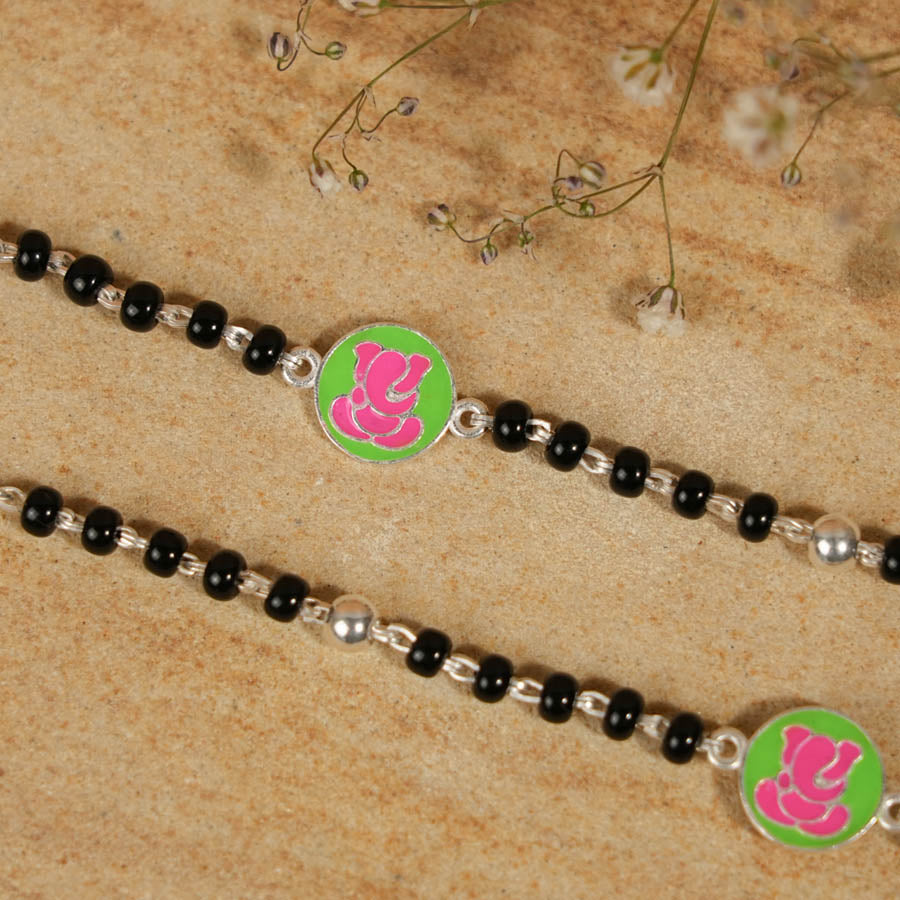 Real black beads pink Ganesh silver nazariya for kids