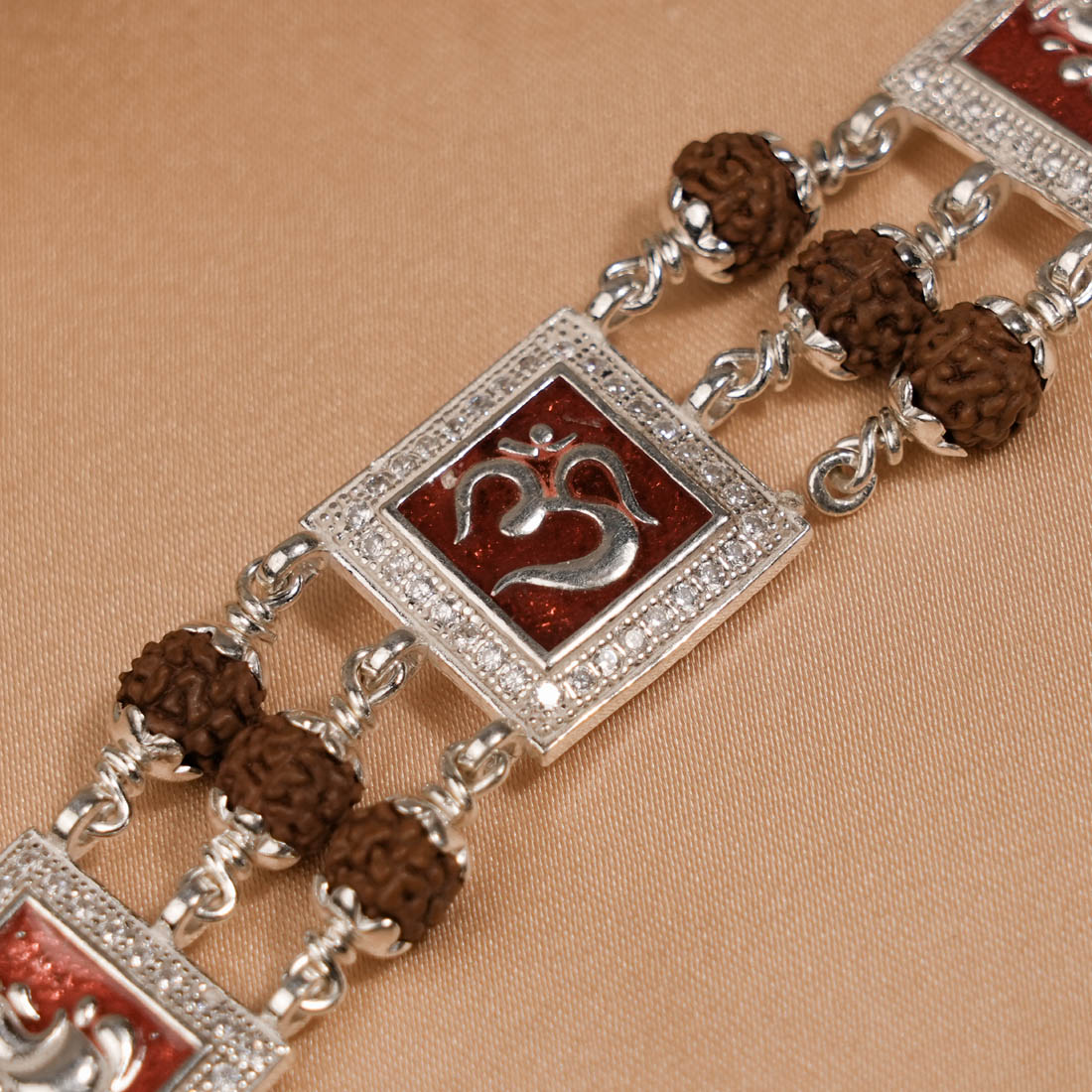 Rudraksha Silver Om With Ganesh Tripal Line Bracelet