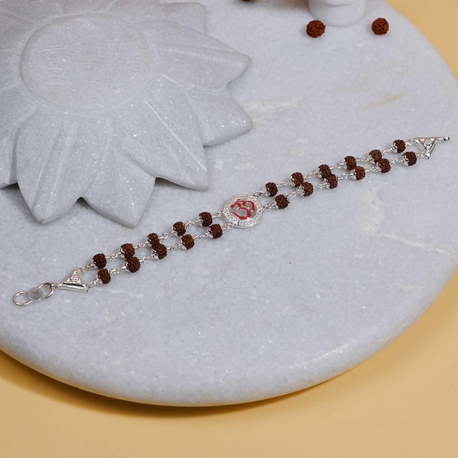 Rudraksha Silver Om in Round Shape Double Line Bracelet