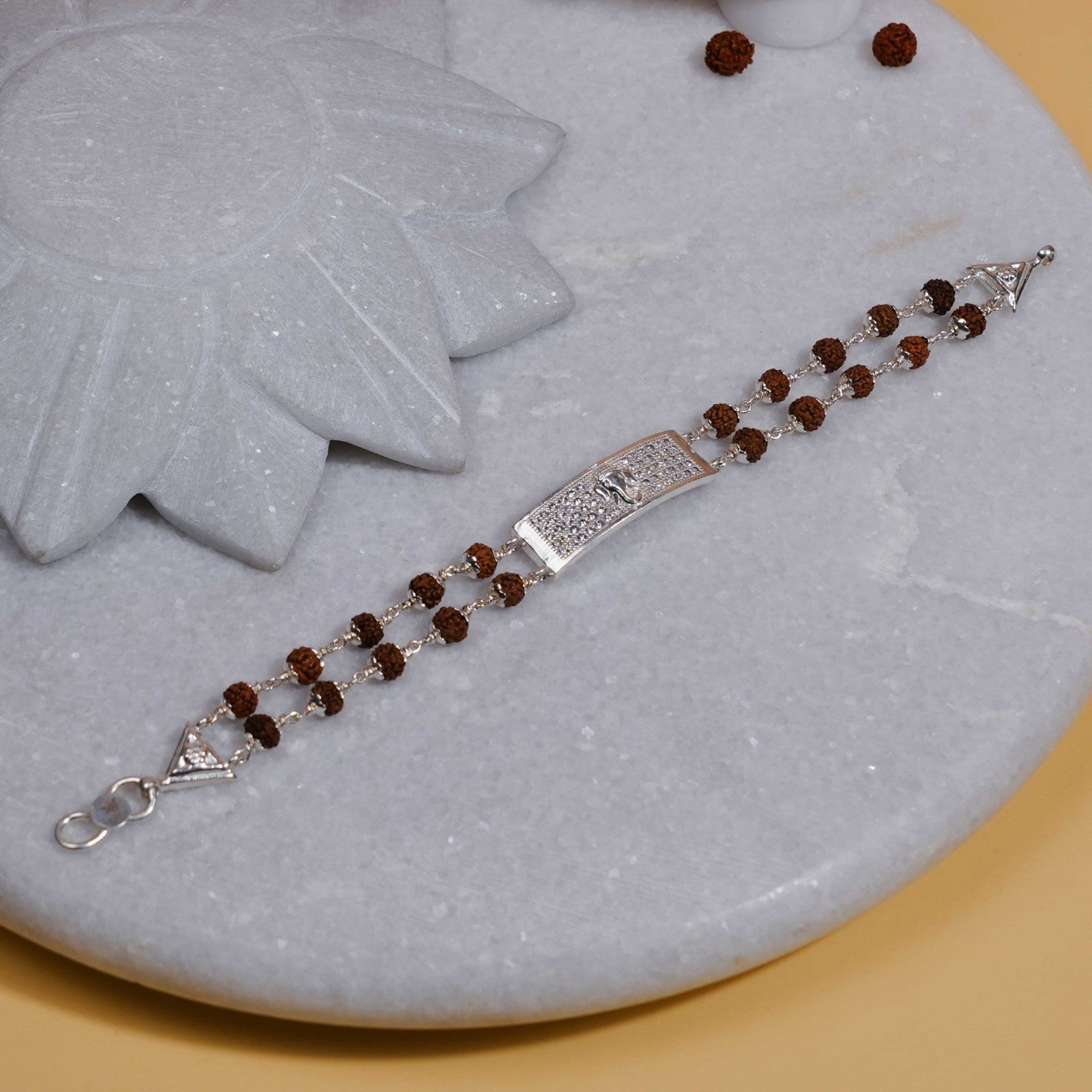 Real Rudraksha Silver Ganesh Rectangle Double Line Bracelet