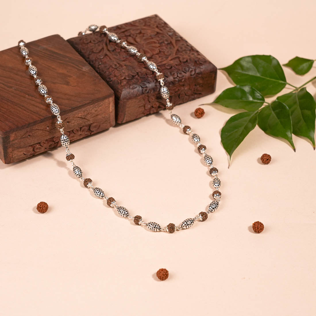 Rudraksha Silver Mala (Perforated Oval Beads) - Second Image