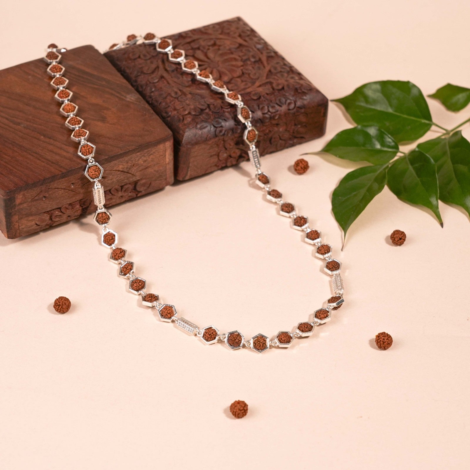 Rudraksha Silver Mala (Hexagon Ring With Cylinder)