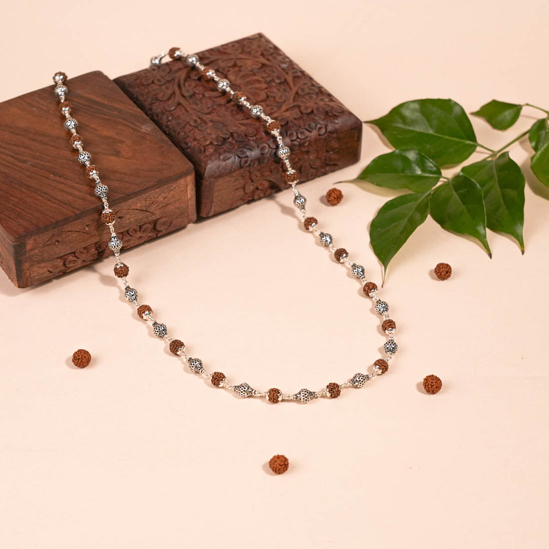 Authentic Rudraksha Silver Mala (Ornate Sphere Beads)
