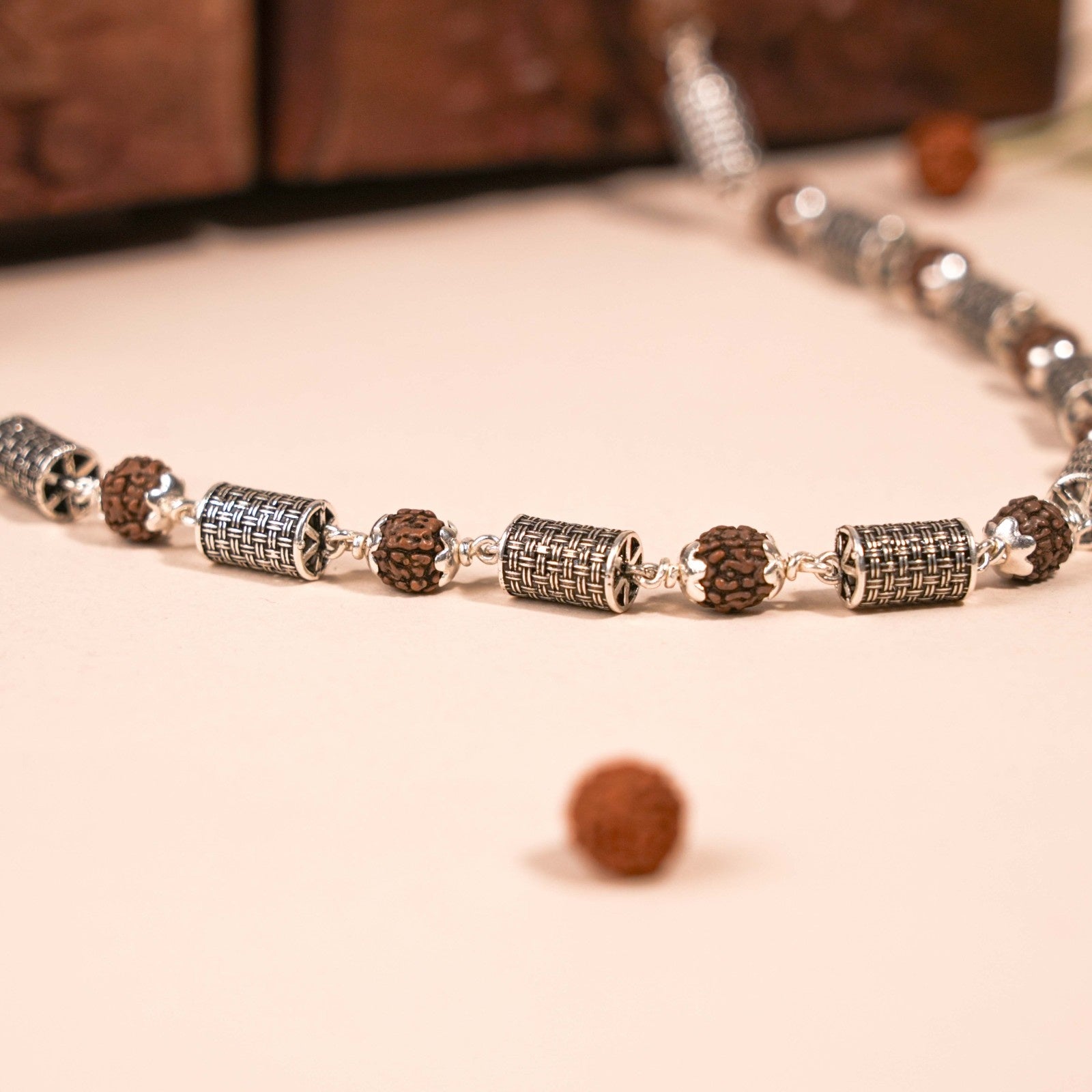 Rudraksha Silver Mala (Cylindrical Beads)