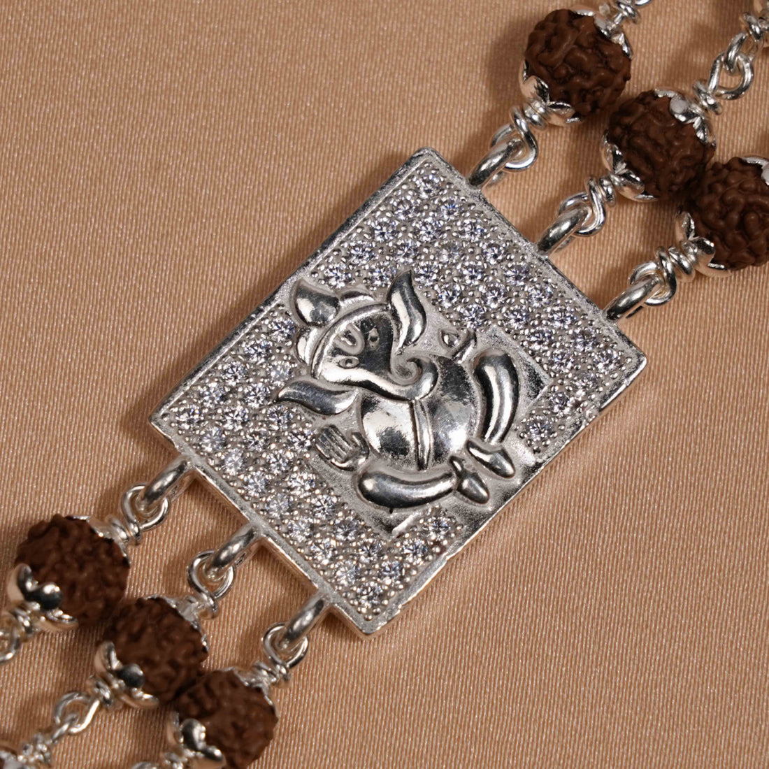 Rudraksha Silver Diamond Ganesh Triple Line Bracelet