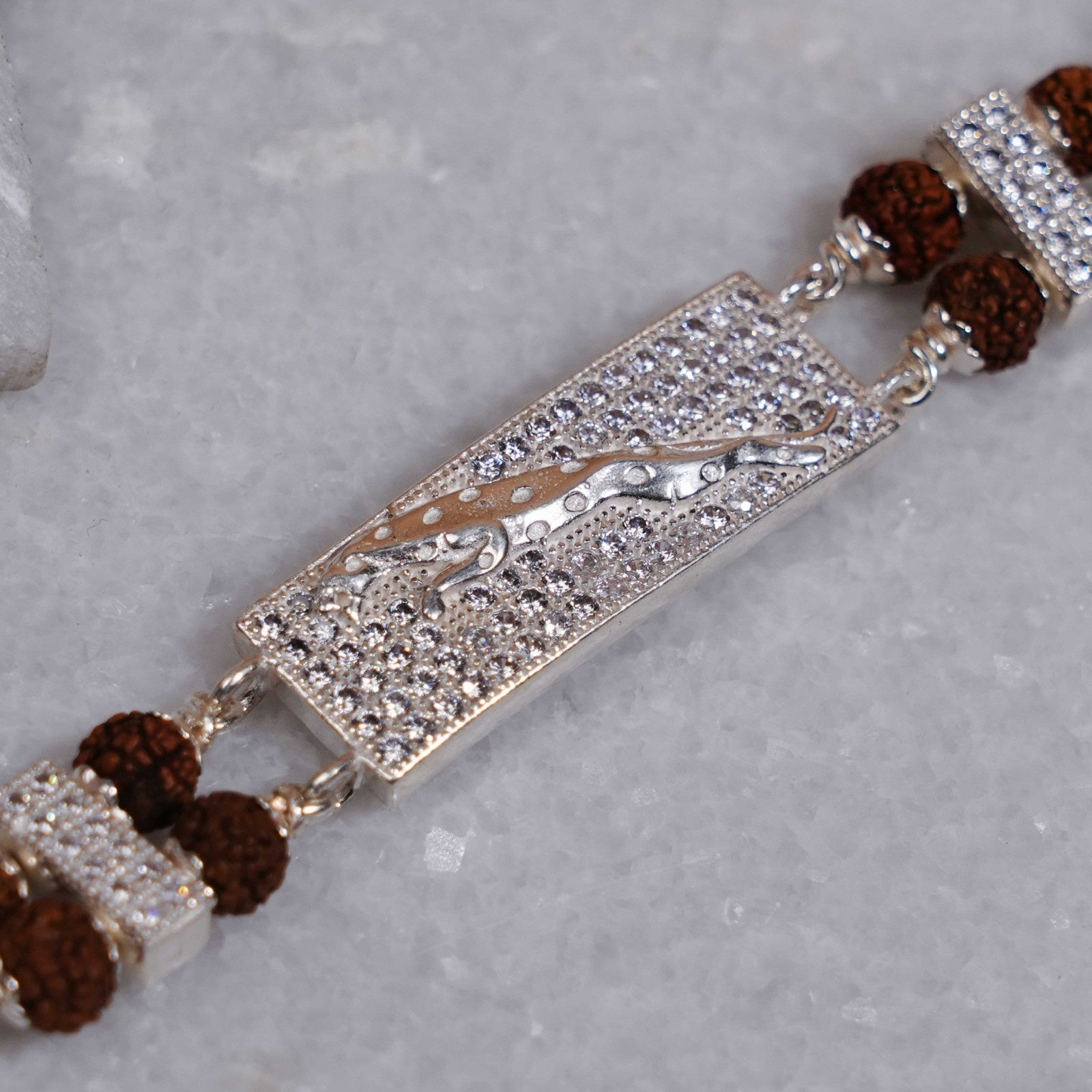 Rudraksha Silver Bracelet with Jaguar Square Shape Double Line
