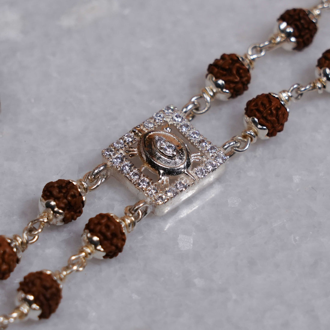 Rudraksha Silver Tortoise Symbol Double Line Bracelet