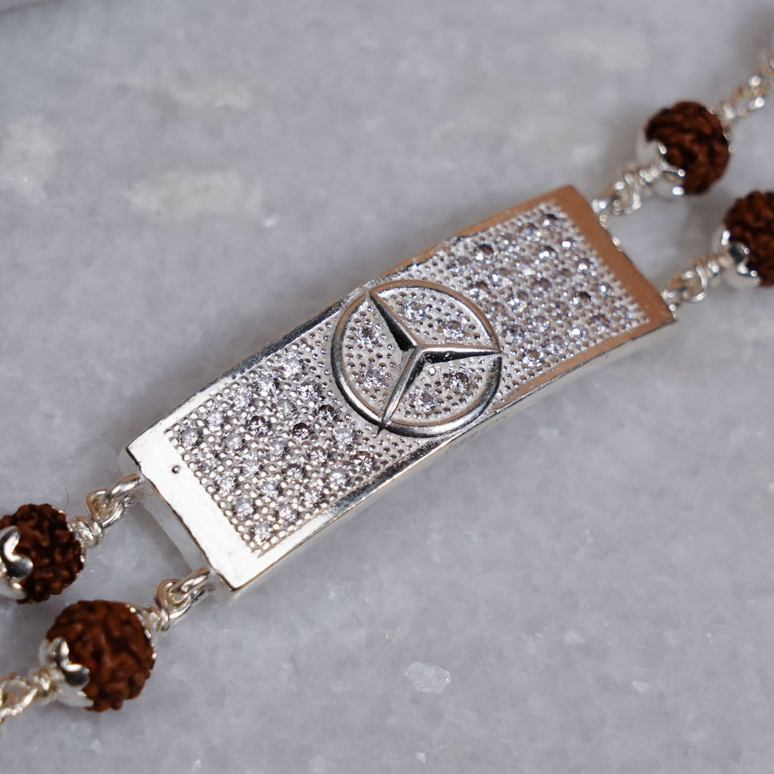 Rudraksha Silver Mercedes Symbol Double Line Bracelet