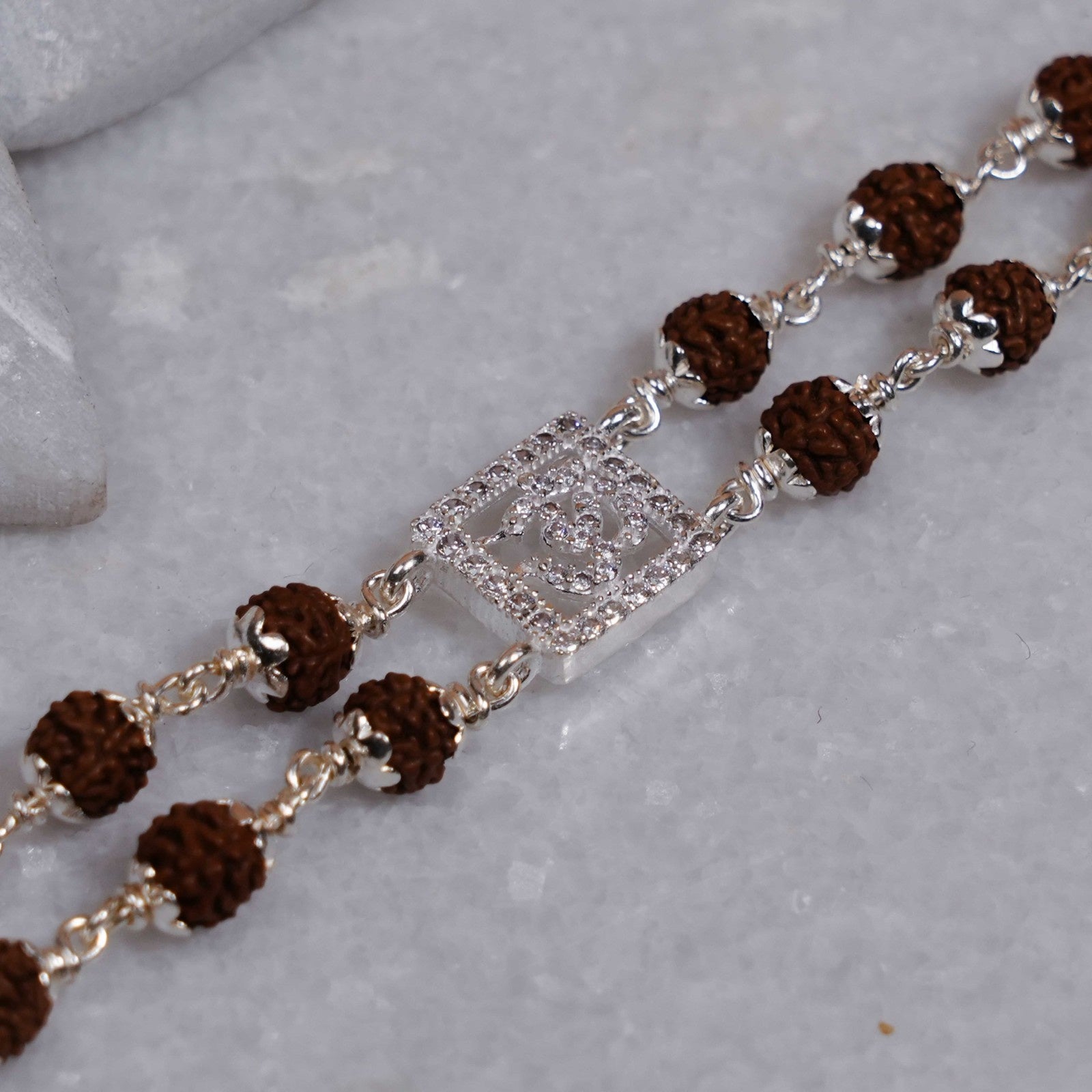 Rudraksha Silver Square Diamond Om double Line Bracelet