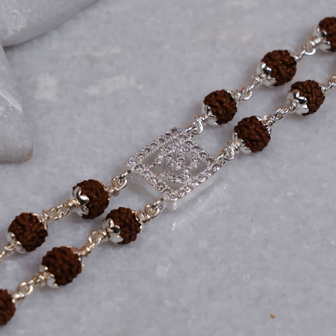 Rudraksha Silver Square Diamond Om double Line Bracelet