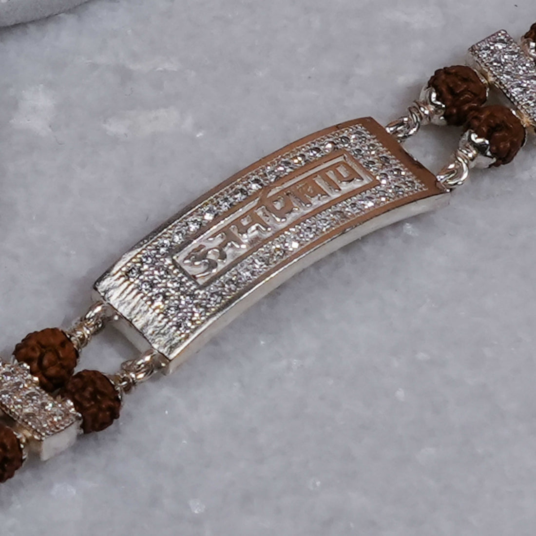 Rudraksha Silver Bracelet with Om Namah Shivaay in Rectangular Sphere Double Line
