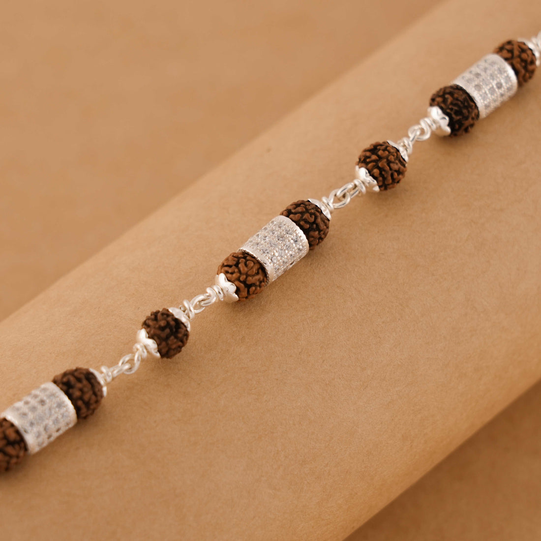 Rudraksha Silver Three Daimond Cylinder Bracelet