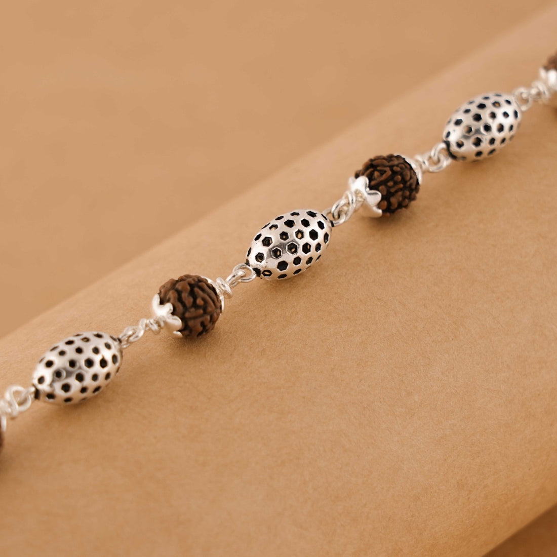 Rudraksha Silver Hollow Oval Beads Bracelet.
