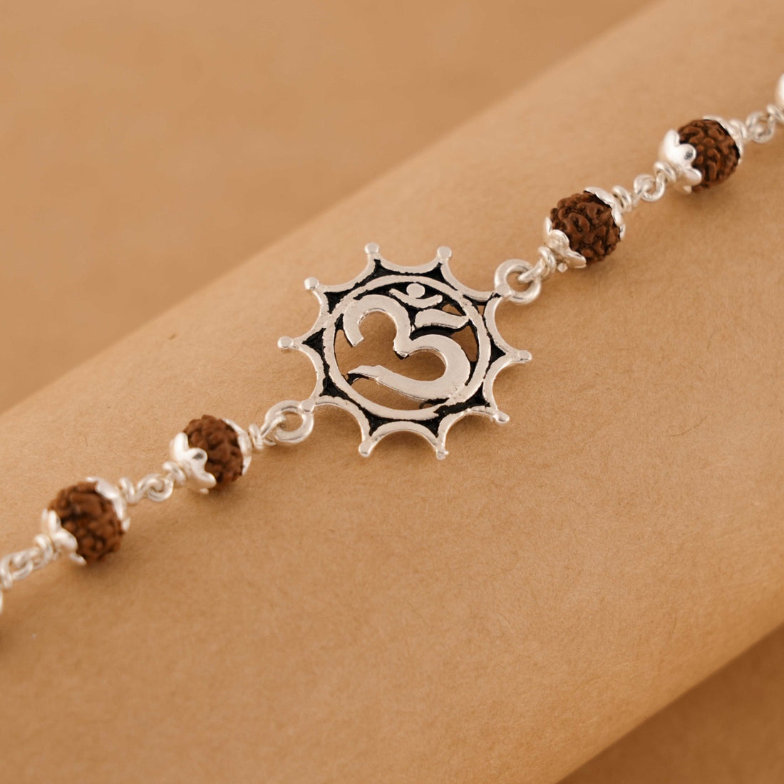Rudraksha Silver Bracelet with Om in Pointed Circle