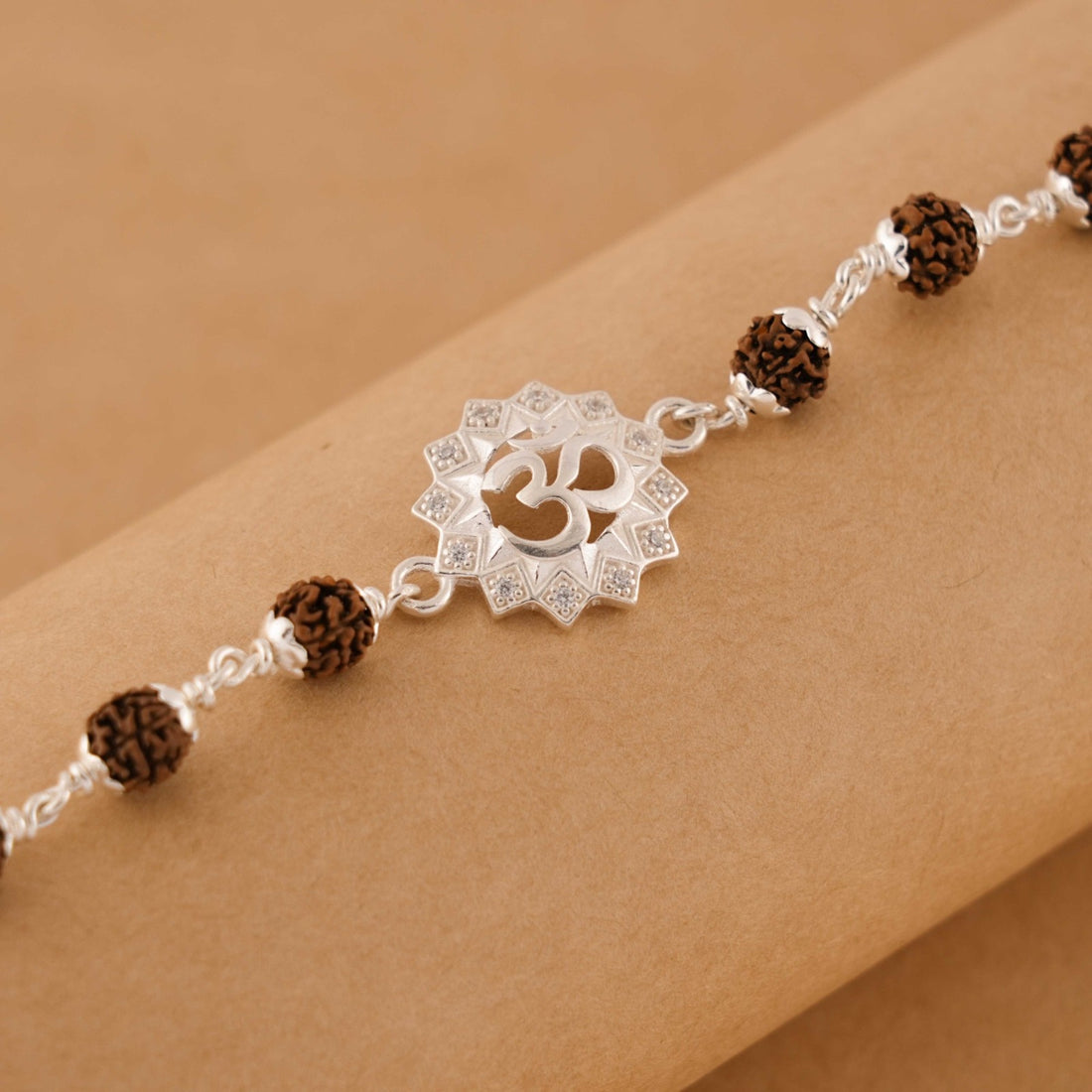 Rudraksha Silver Bracelet With Om in a Concave Sphere