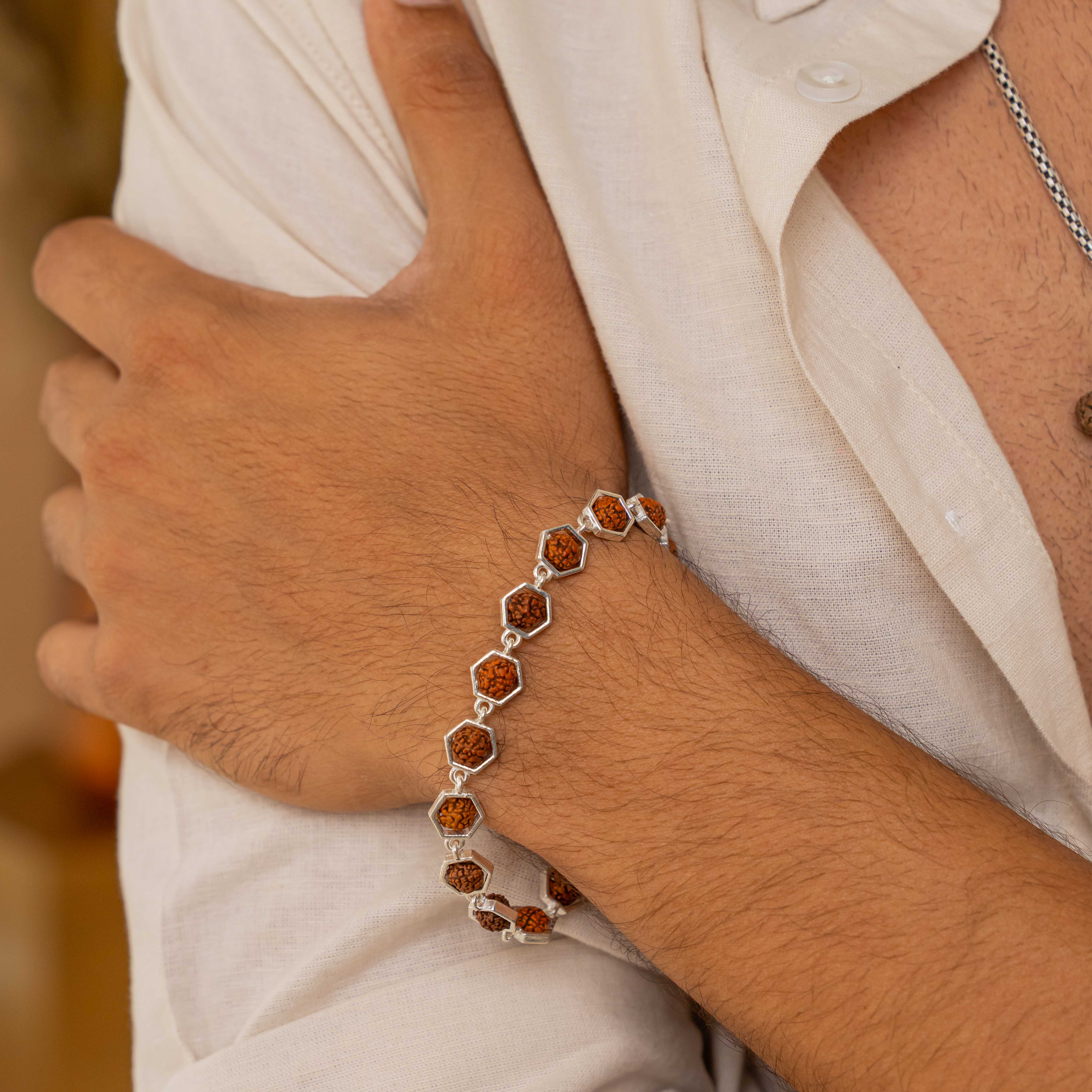 Rudraksha Silver Bracelet Hexagon Prinjal Jewels