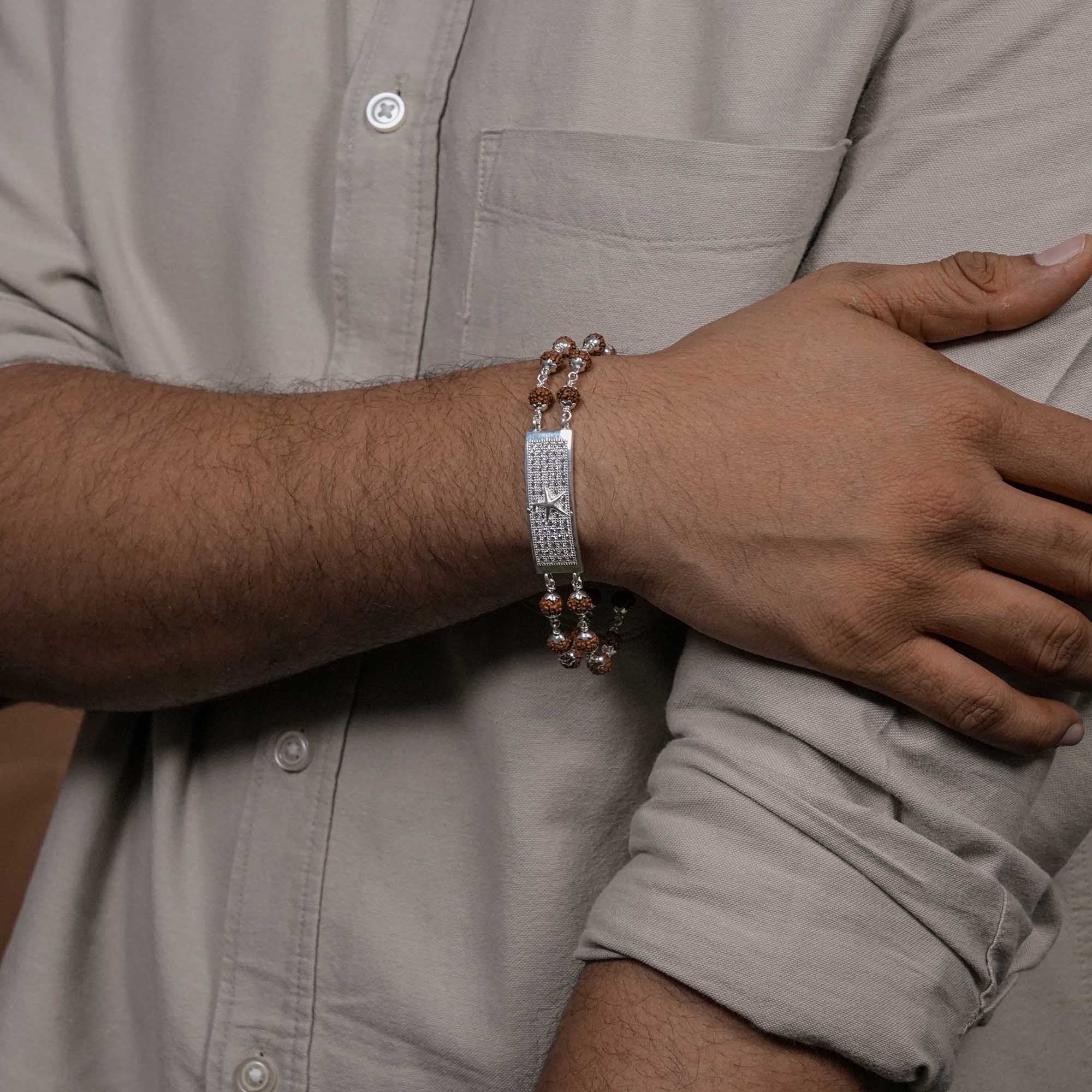Orignal Rudraksha Silver Star Symbol double line Bracelet
