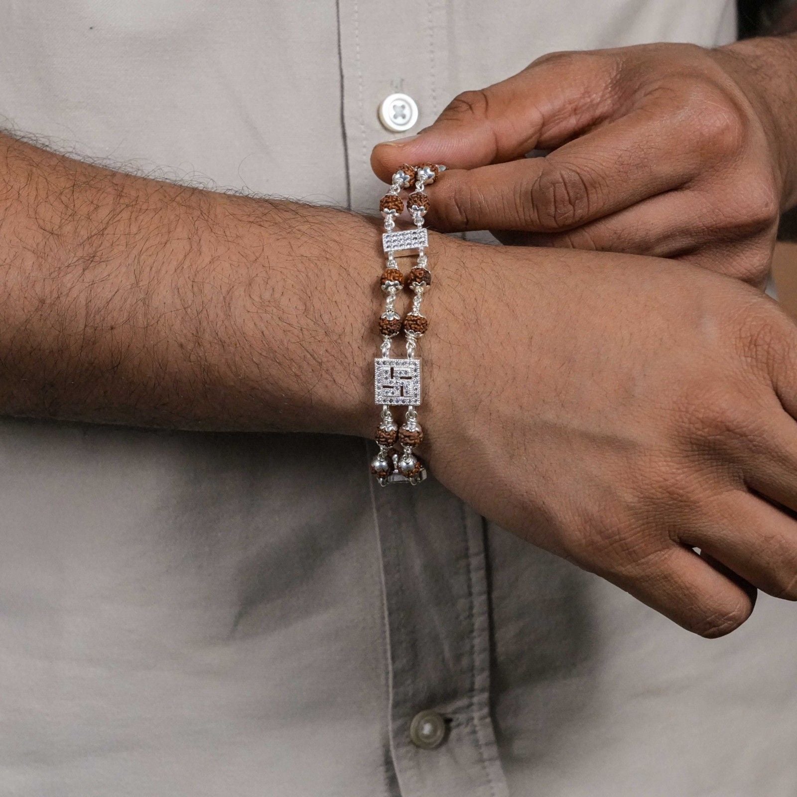 Buy Rudraksha Silver Swastik in Diamond Square Double Line Bracelet