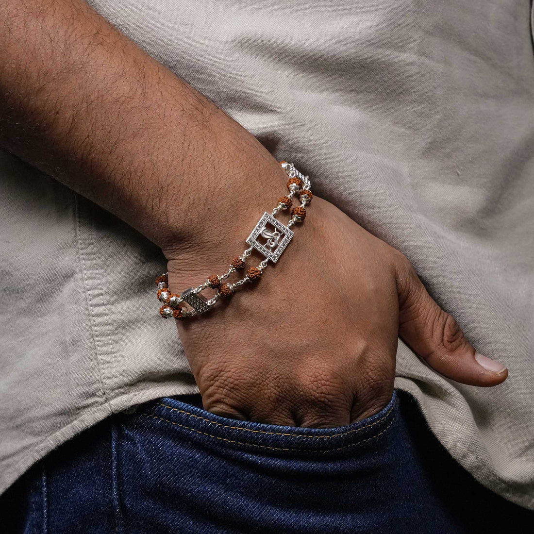 Rudraksha Silver bracelet with central Naag double line for men