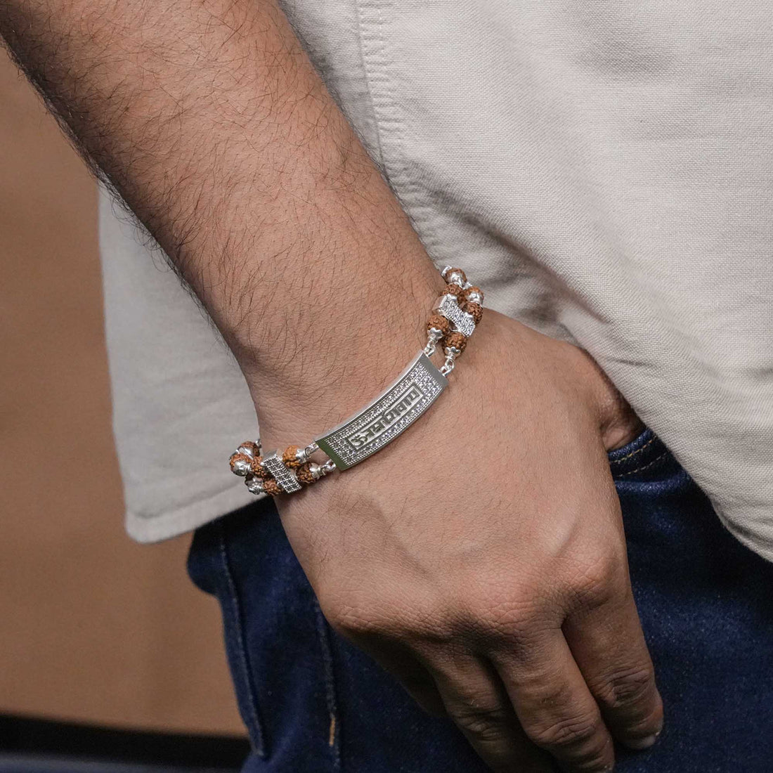 Rudraksha Silver Bracelet with Om Namah Shivaay in Rectangular Sphere Double Line for Men