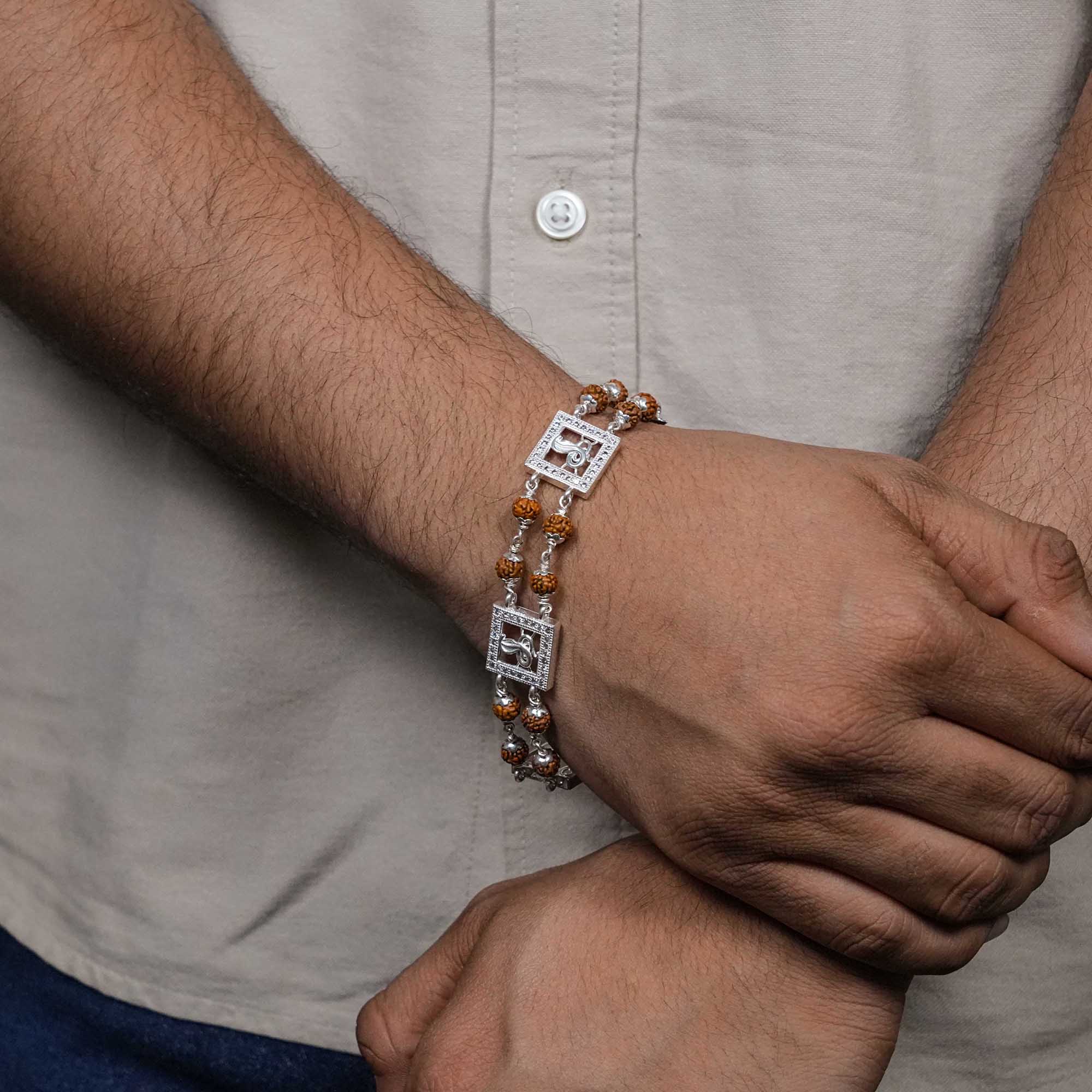 Orignal Rudraksha Silver Three Brooch Goga double line bracelet