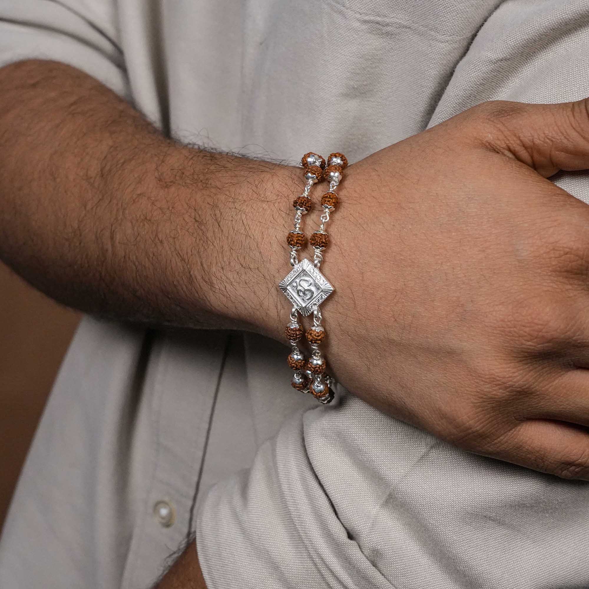 Orignal Rudraksha Silver Om Rhombus Double Line Bracelet