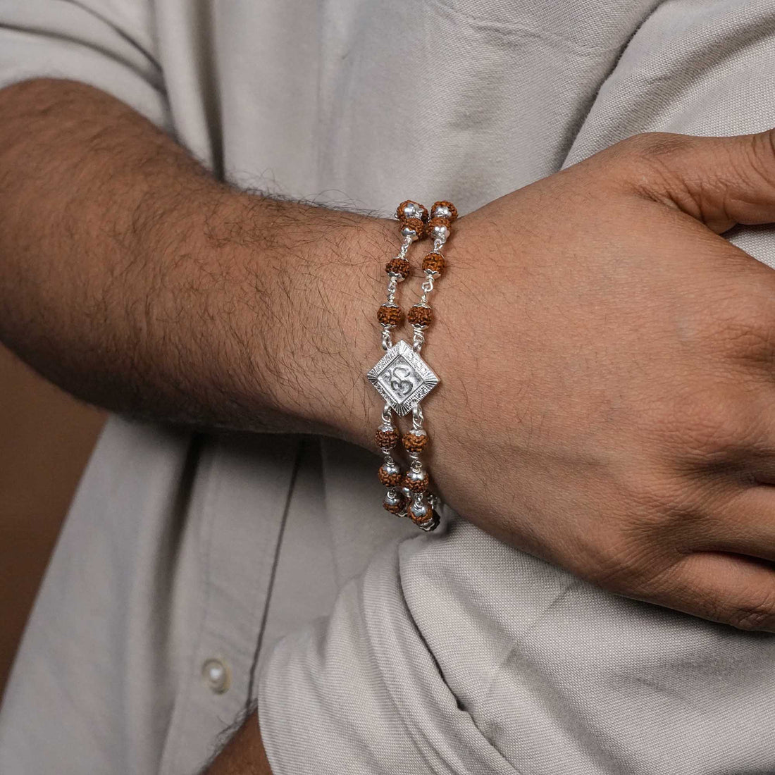 Rudraksha Silver Om Rhombus Double Line Bracelet