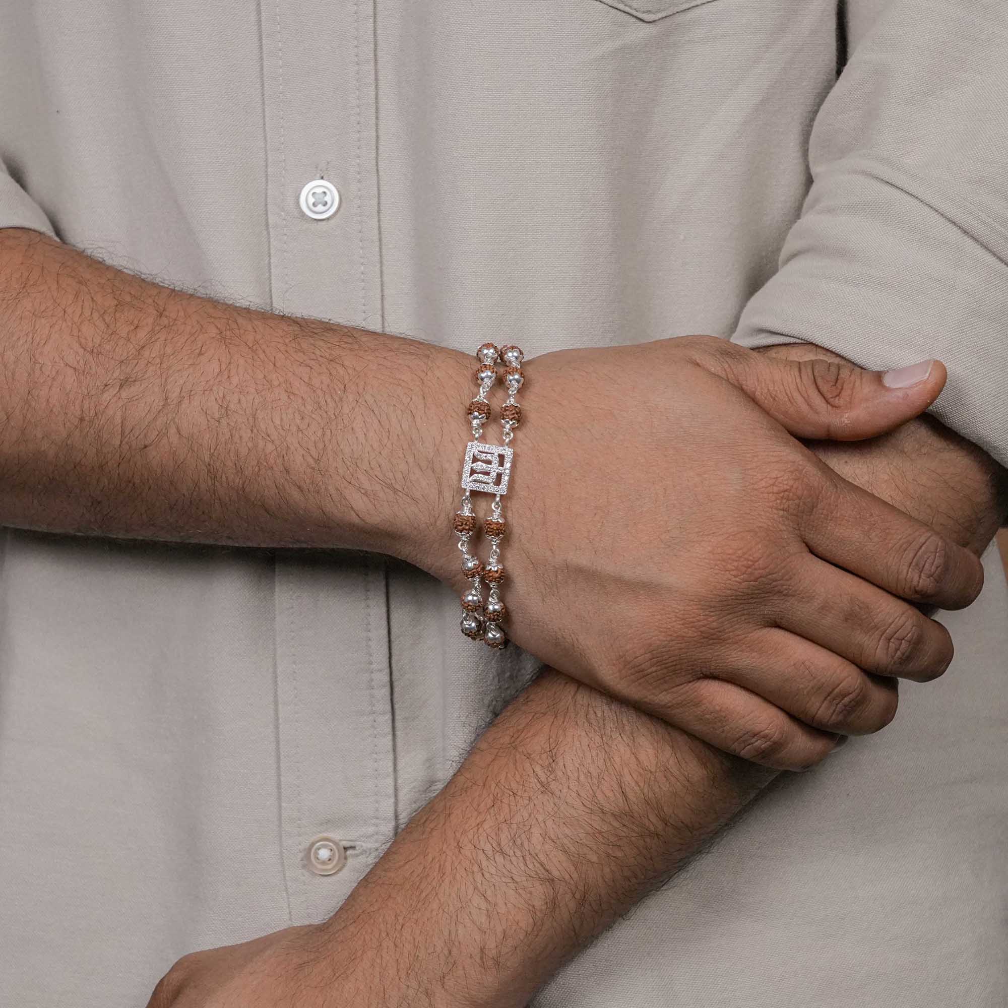 Orignal Rudraksha Silver Trishul Symbol in Square double line Bracelet