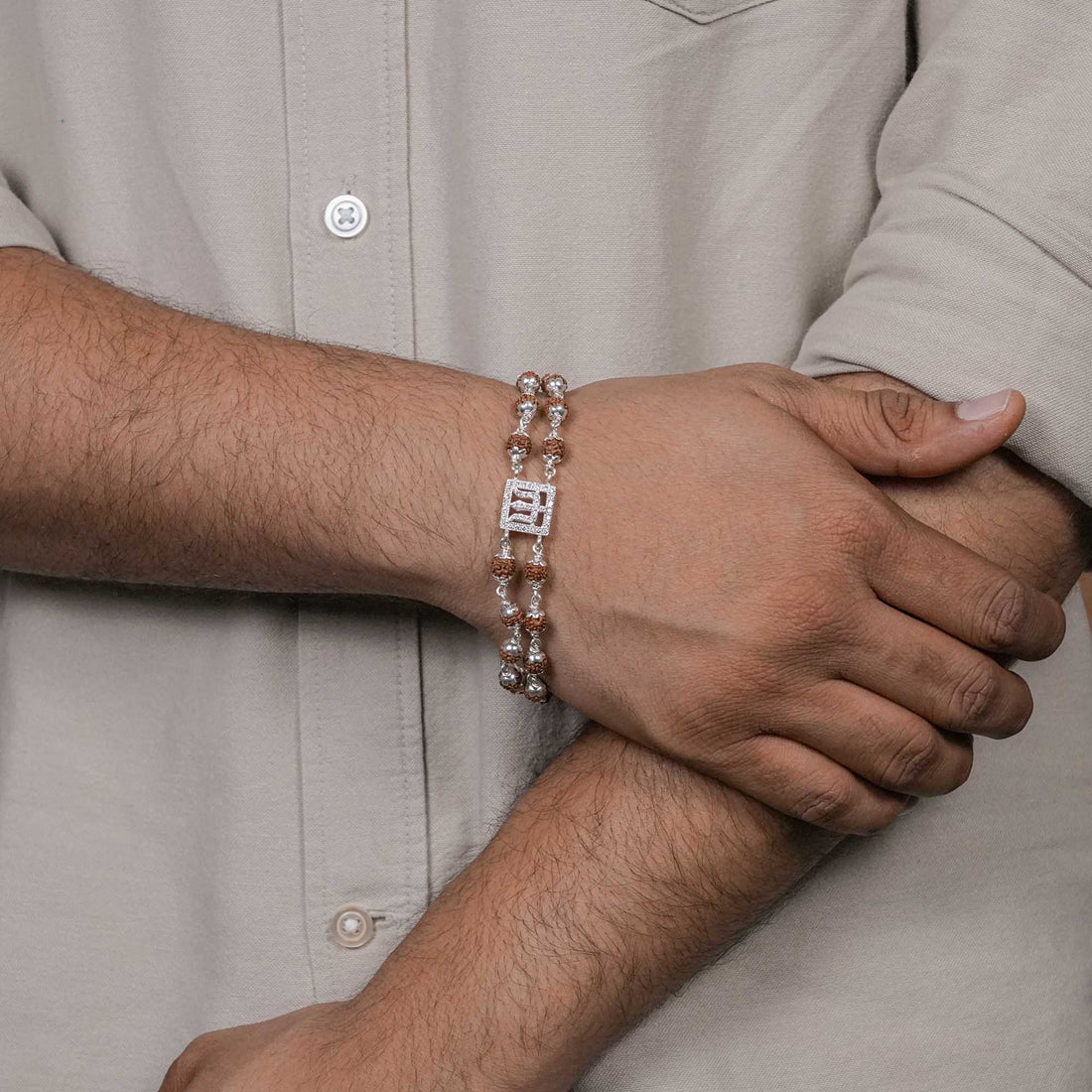 Rudraksha Silver Trishul Symbol in Square double line Bracelet