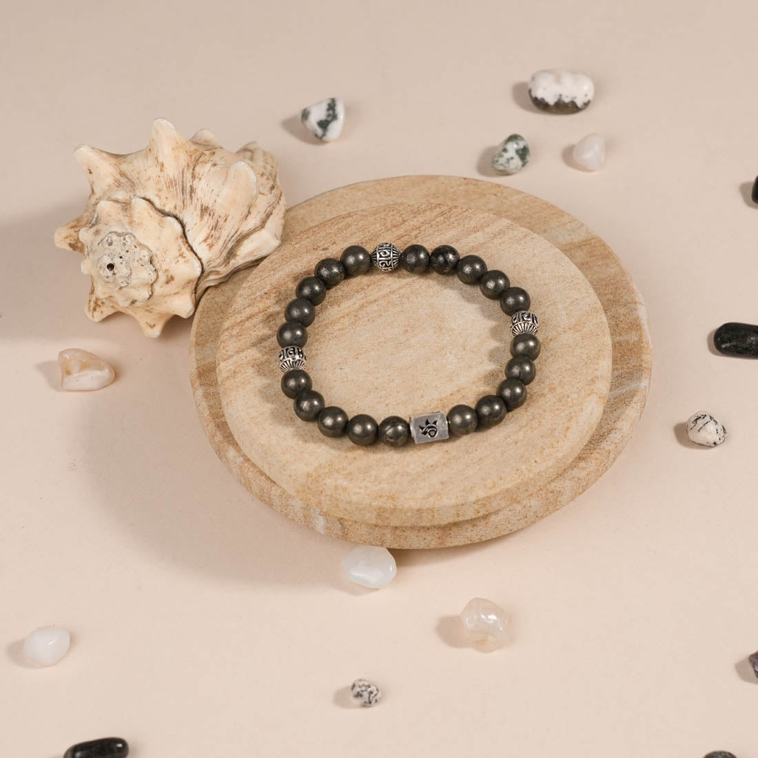 Authentic Pyrite with Om Namah Shivay Silver Beads Bracelet