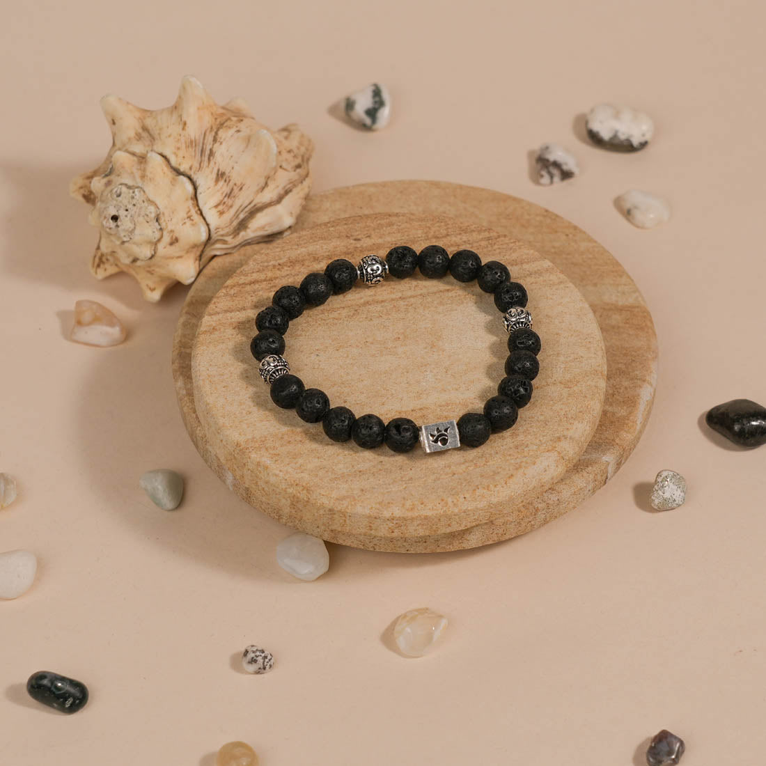 Authentic Lava Stone and Om Silver Beads Bracelet