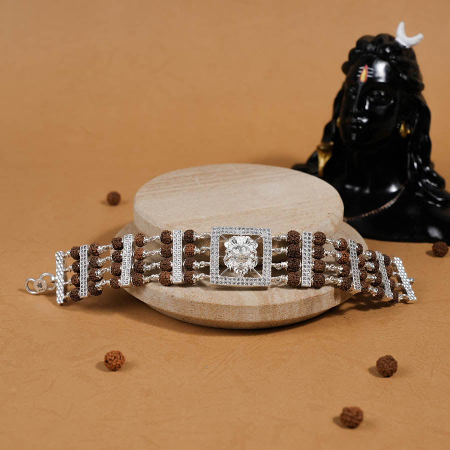 Rudraksha Silver Roaring Lion Four Linne Bracelet